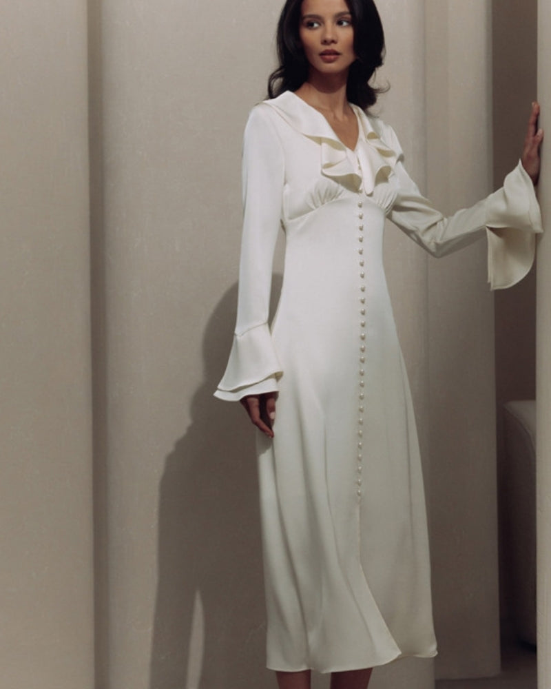 Pearl Button Ruffle Midi Dress