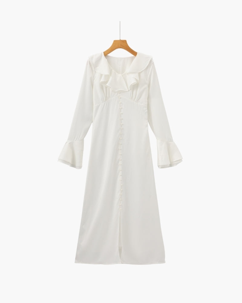 Pearl Button Ruffle Midi Dress