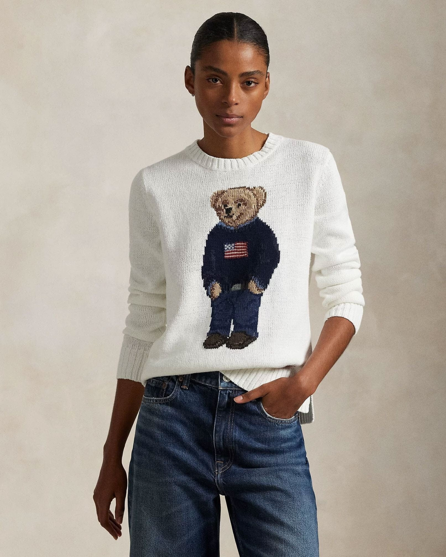 Bear Crew Neck Sweater In Linen-Cotton Blend